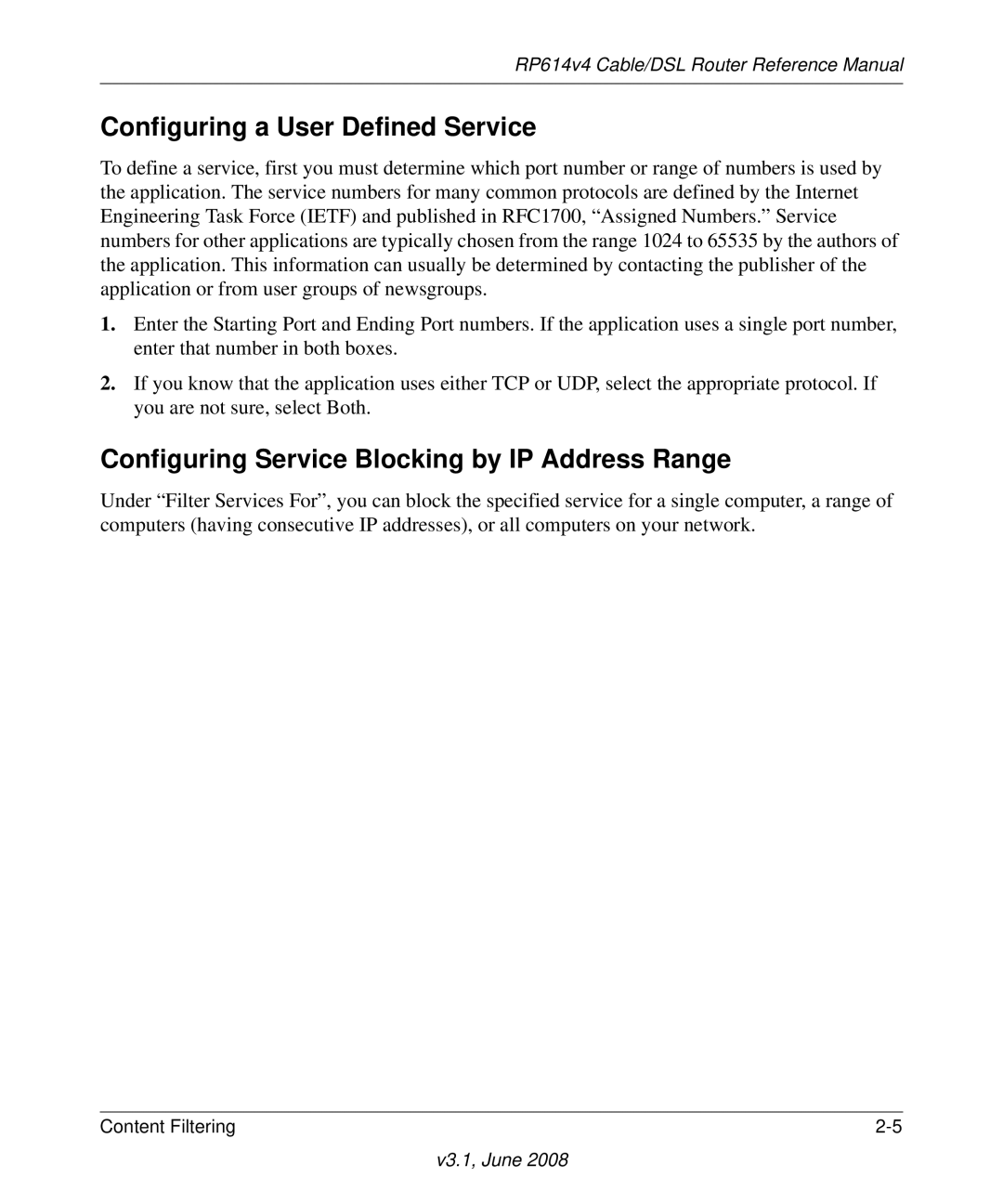 NETGEAR RP614 v4 manual Configuring a User Defined Service, Configuring Service Blocking by IP Address Range 