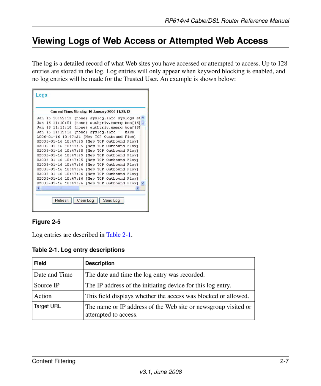 NETGEAR RP614 v4 manual Viewing Logs of Web Access or Attempted Web Access, Log entry descriptions 