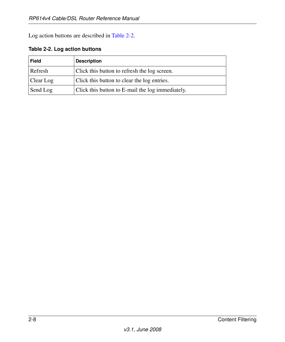 NETGEAR RP614 v4 manual Log action buttons 