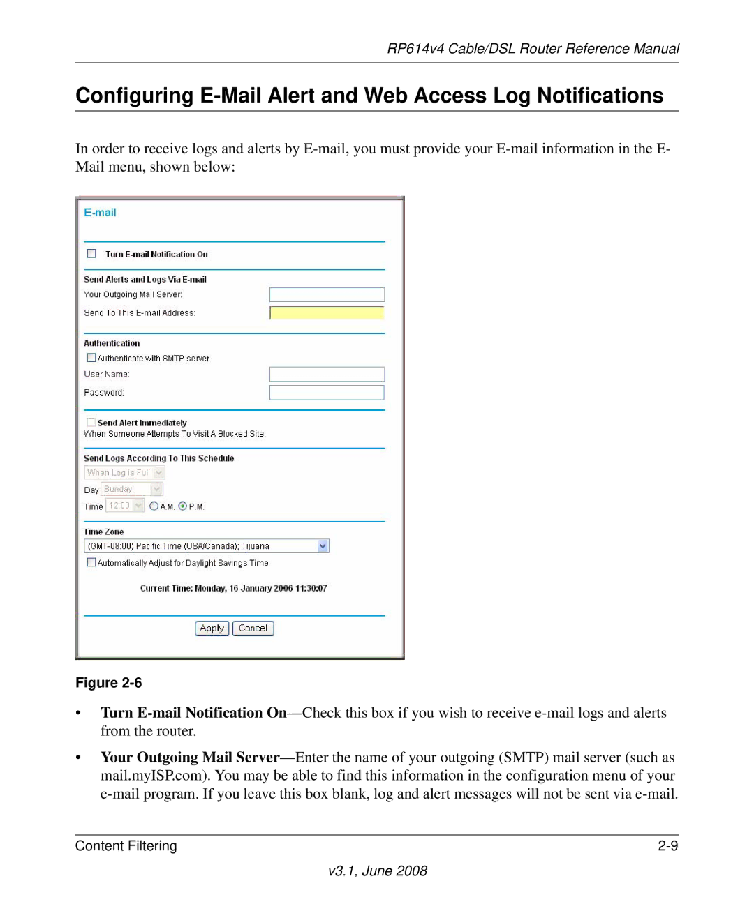 NETGEAR RP614 v4 manual Configuring E-Mail Alert and Web Access Log Notifications 