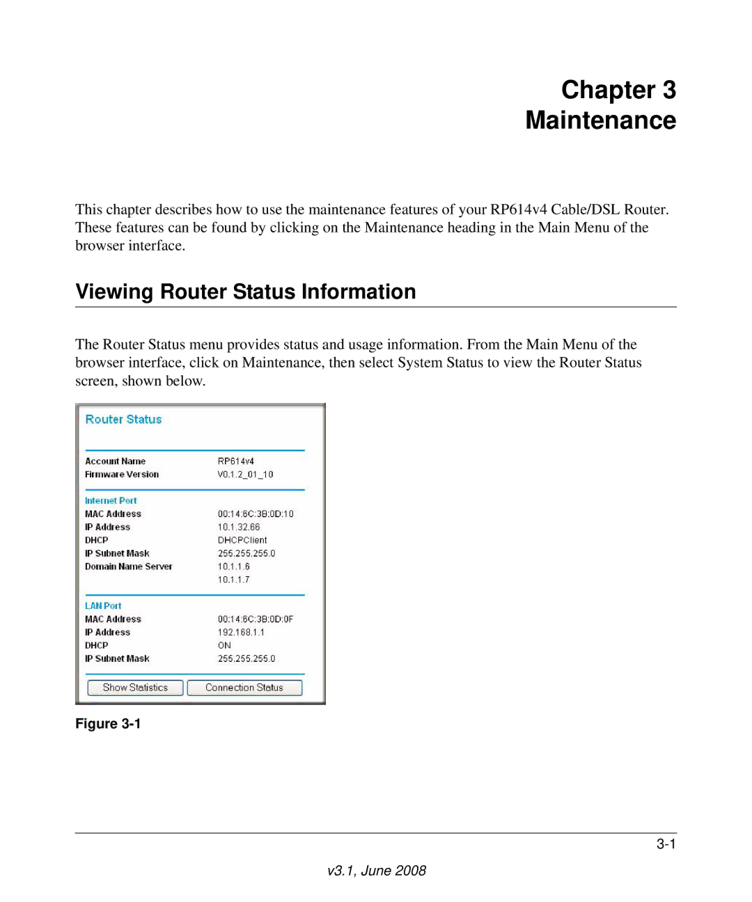 NETGEAR RP614 v4 manual Chapter Maintenance, Viewing Router Status Information 