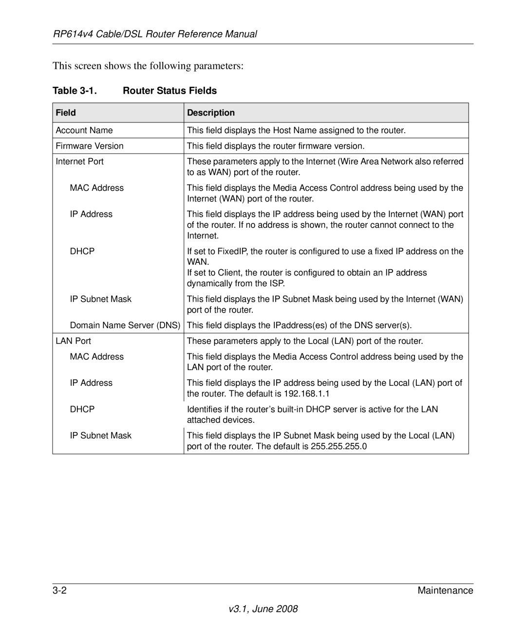 NETGEAR RP614 v4 manual This screen shows the following parameters, Router Status Fields 