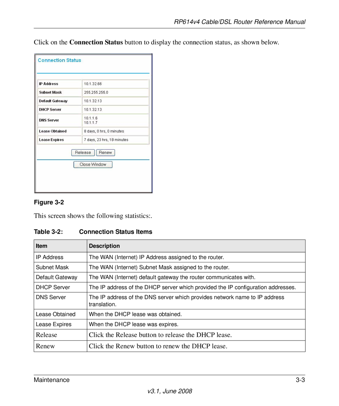 NETGEAR RP614 v4 manual Connection Status Items 