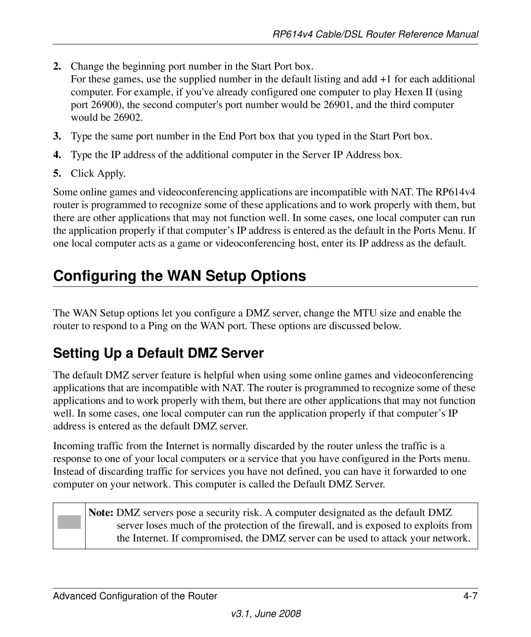 NETGEAR RP614 v4 manual Configuring the WAN Setup Options, Setting Up a Default DMZ Server 