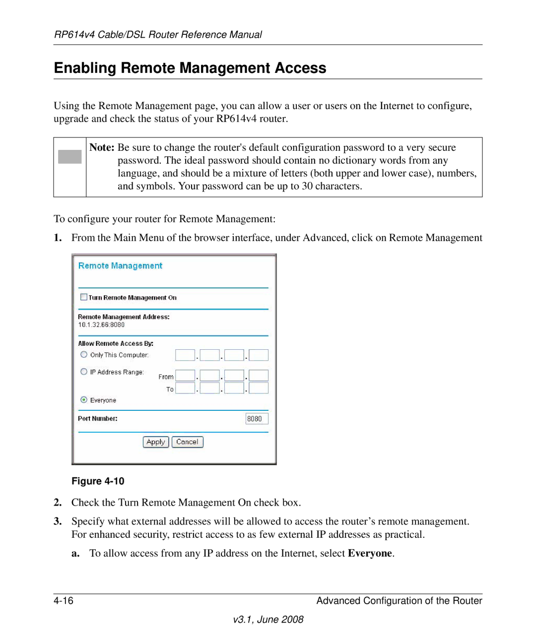 NETGEAR RP614 v4 manual Enabling Remote Management Access 