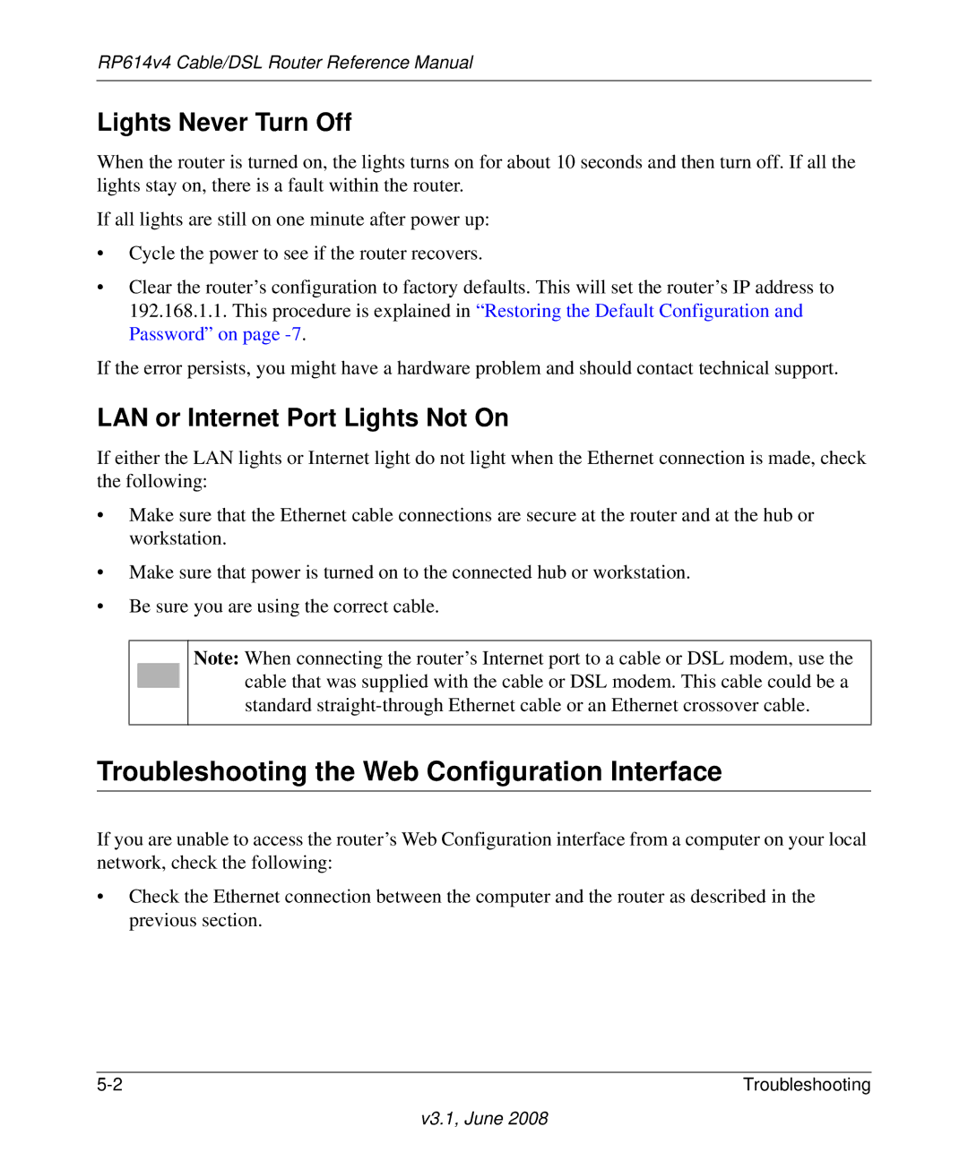 NETGEAR RP614 v4 manual Troubleshooting the Web Configuration Interface, Lights Never Turn Off 