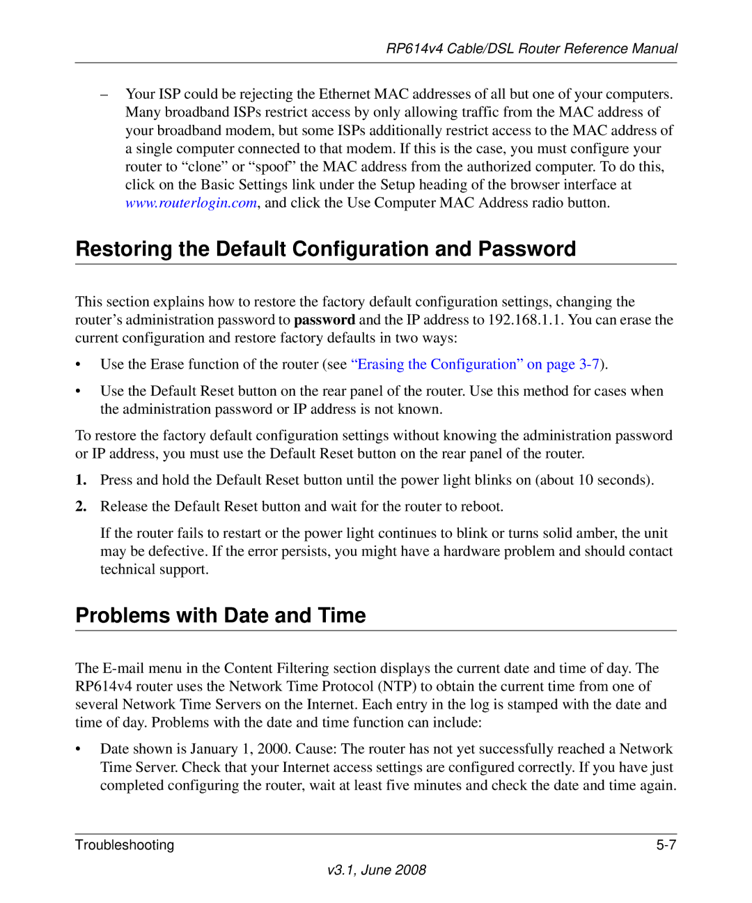 NETGEAR RP614 v4 manual Restoring the Default Configuration and Password, Problems with Date and Time 