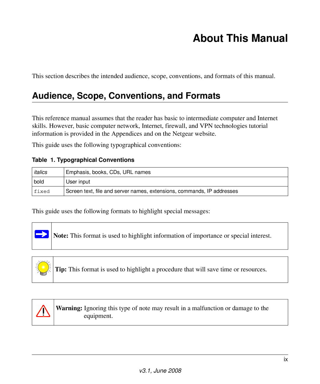 NETGEAR RP614 v4 manual About This Manual, Audience, Scope, Conventions, and Formats, Typographical Conventions 