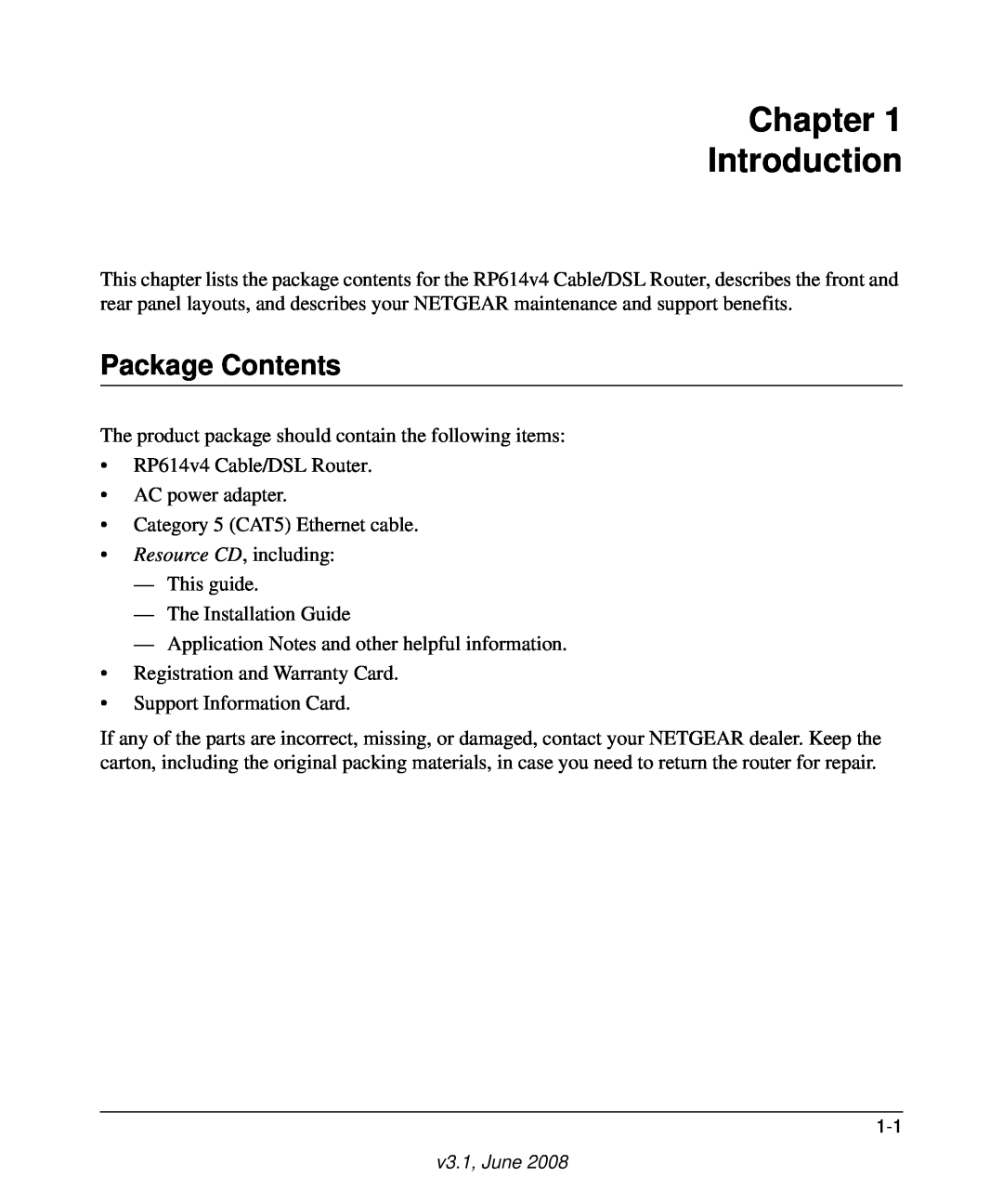 NETGEAR RP614 v4 manual Chapter Introduction, Package Contents 