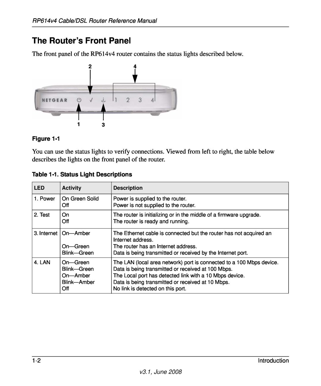 NETGEAR RP614 v4 manual The Router’s Front Panel, 1. Status Light Descriptions 