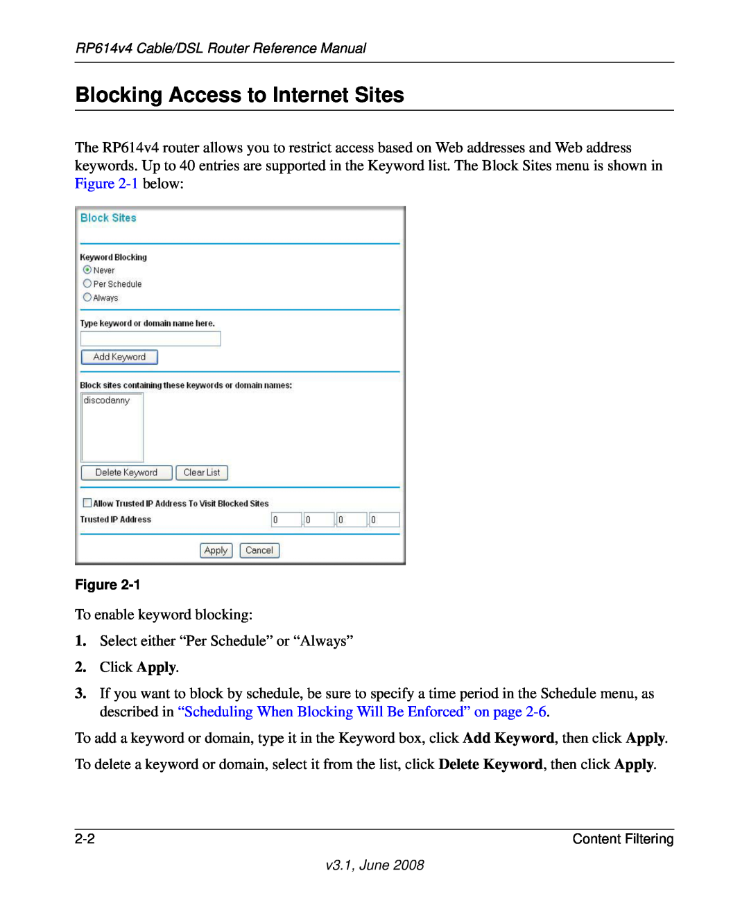 NETGEAR RP614 v4 manual Blocking Access to Internet Sites 