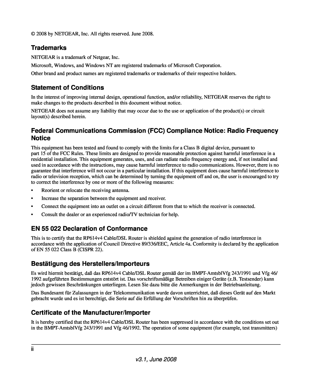 NETGEAR RP614 v4 manual Trademarks, Statement of Conditions, EN 55 022 Declaration of Conformance, v3.1, June 