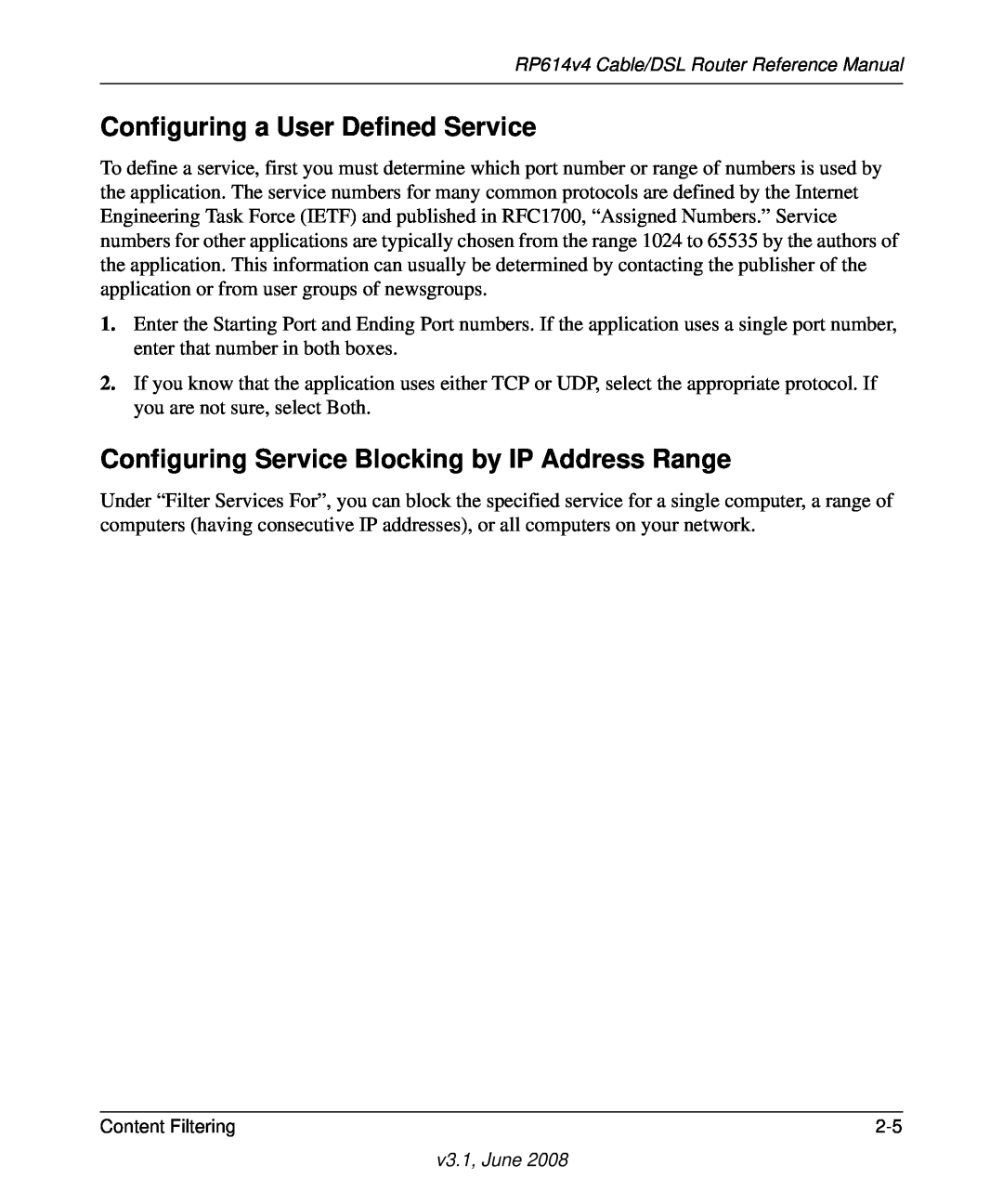 NETGEAR RP614 v4 manual Configuring a User Defined Service, Configuring Service Blocking by IP Address Range 