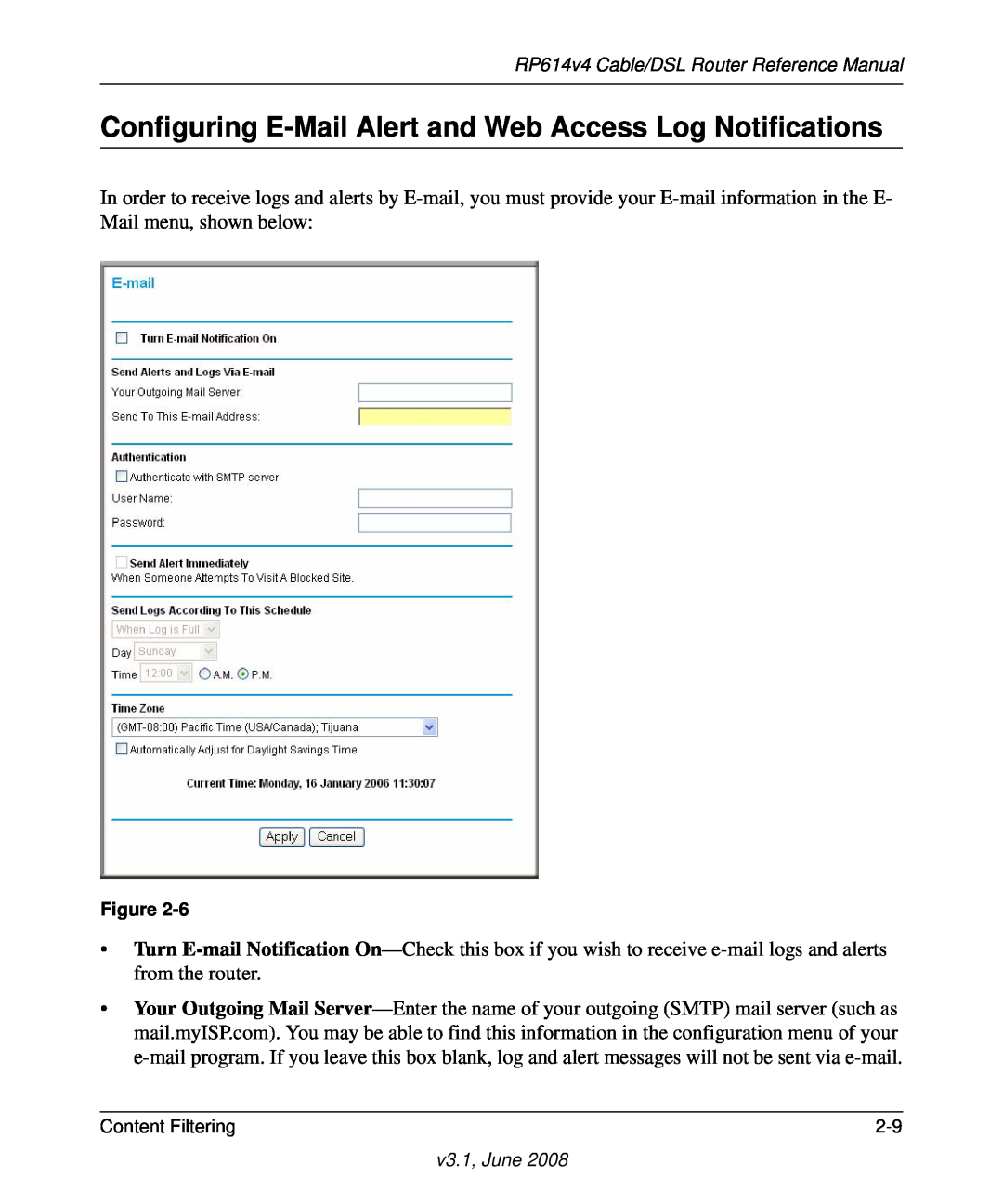 NETGEAR RP614 v4 manual Configuring E-Mail Alert and Web Access Log Notifications 