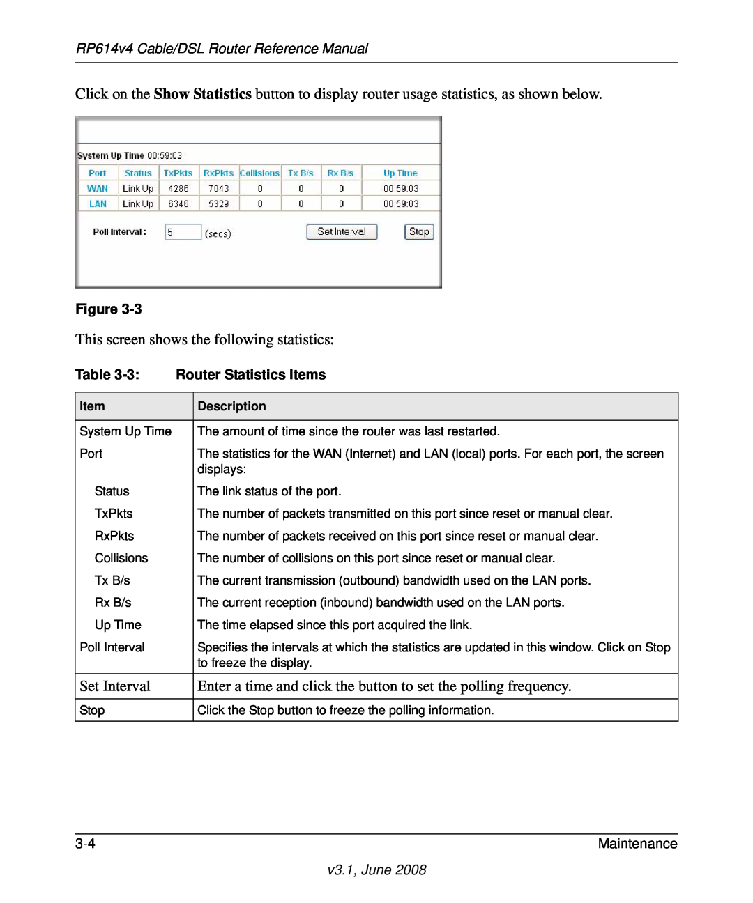 NETGEAR RP614 v4 manual RP614v4 Cable/DSL Router Reference Manual, Router Statistics Items, Maintenance, v3.1, June 