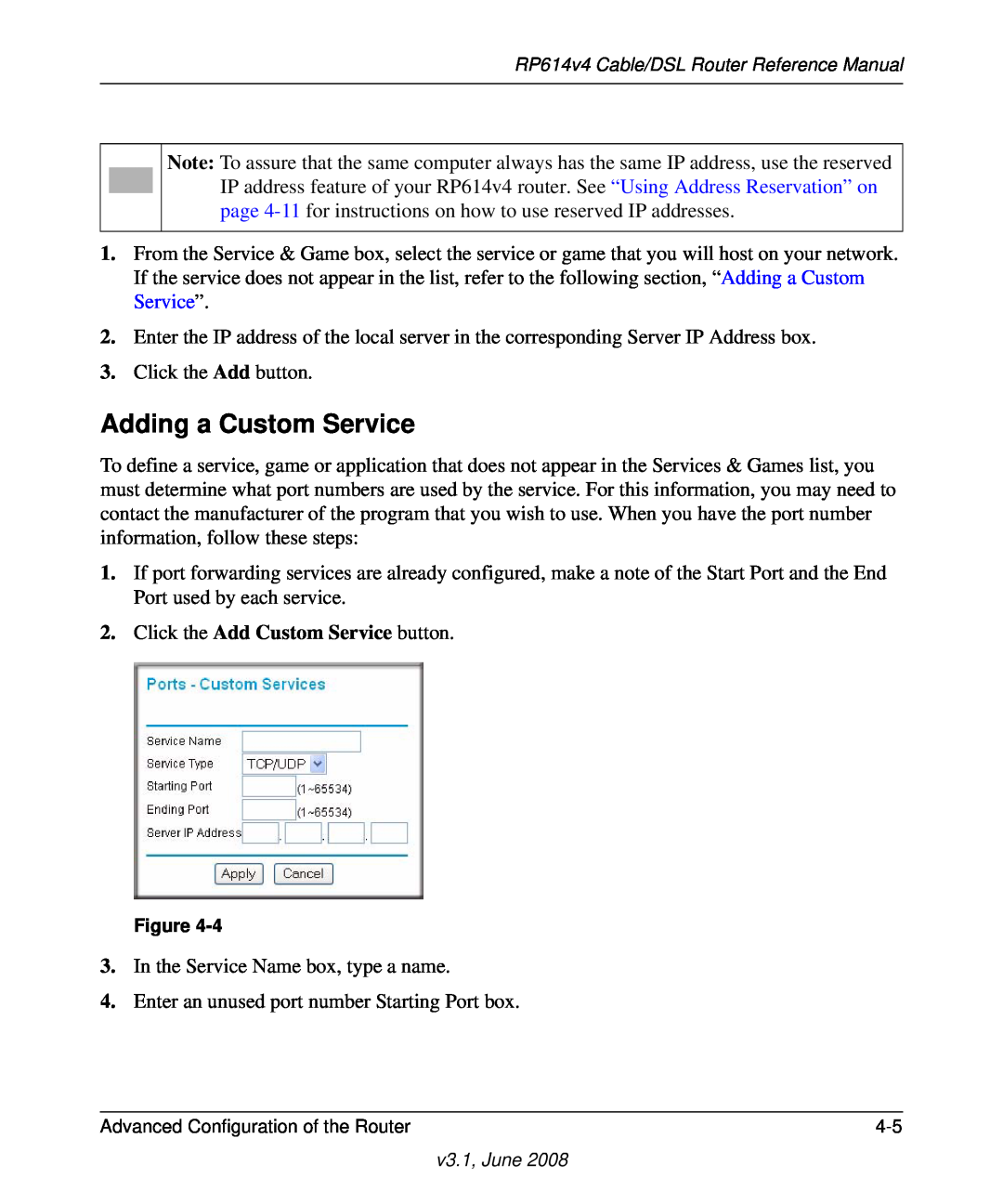 NETGEAR RP614 v4 manual Adding a Custom Service, Click the Add Custom Service button 