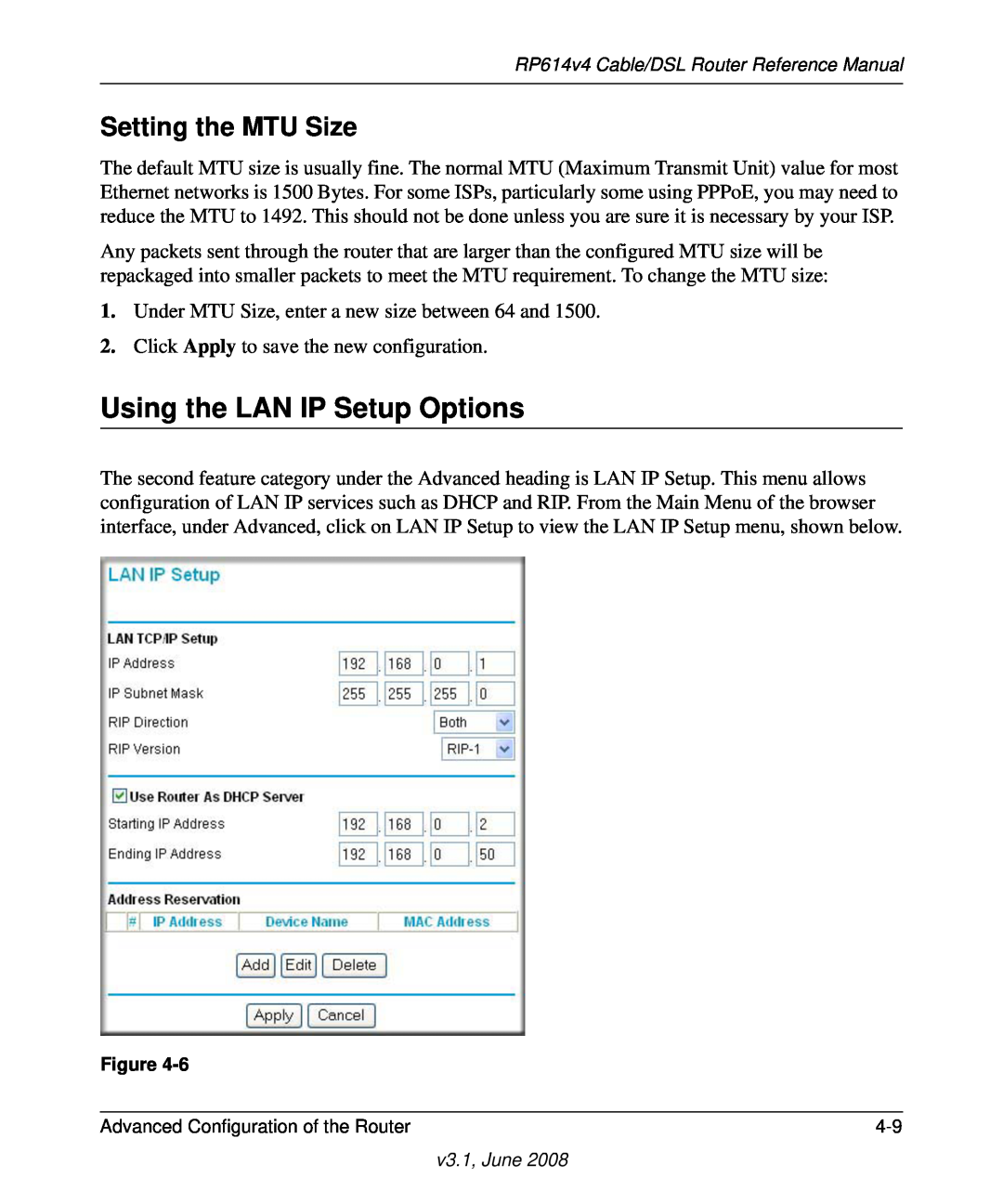 NETGEAR RP614 v4 manual Using the LAN IP Setup Options, Setting the MTU Size 