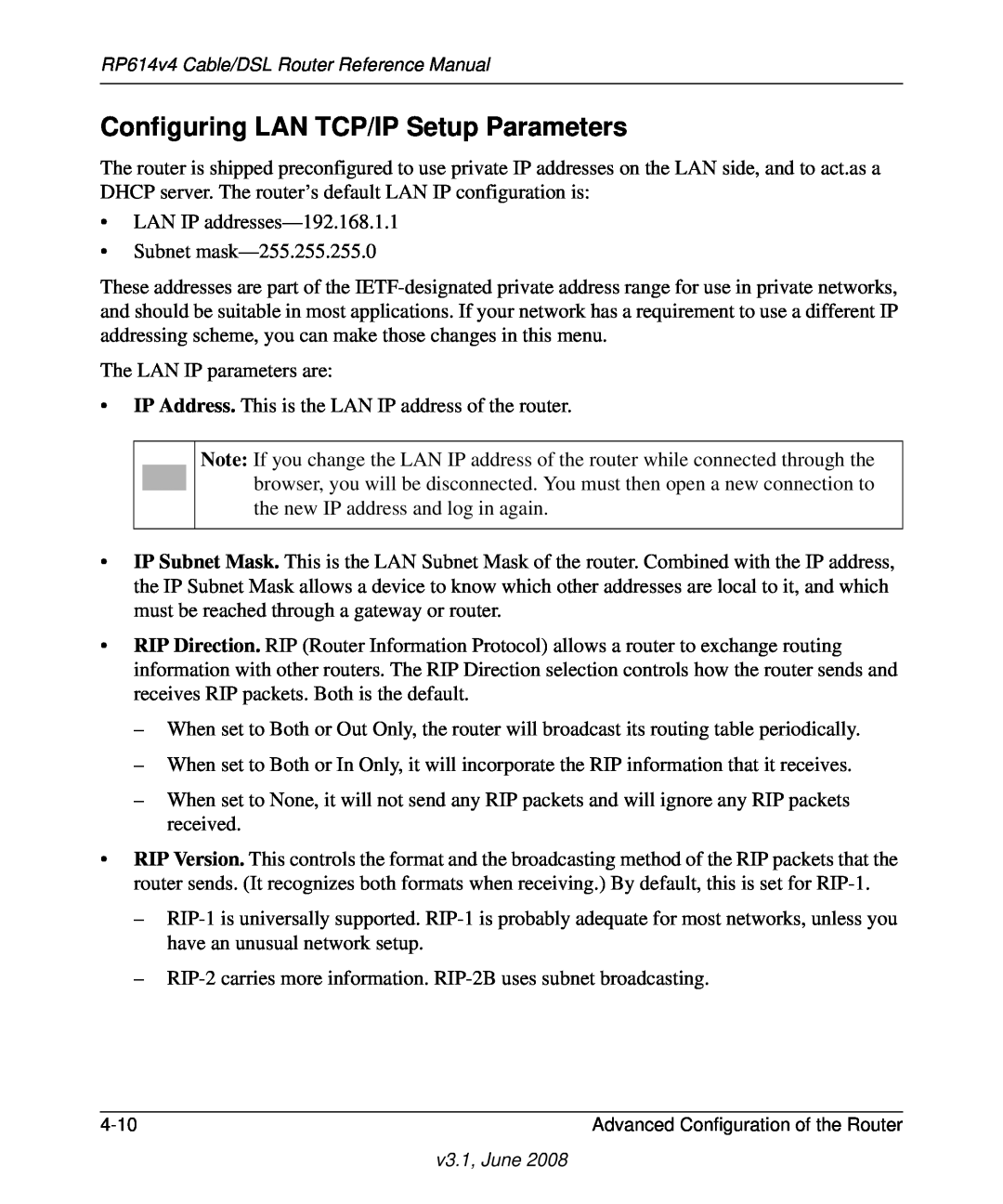 NETGEAR RP614 v4 manual Configuring LAN TCP/IP Setup Parameters 
