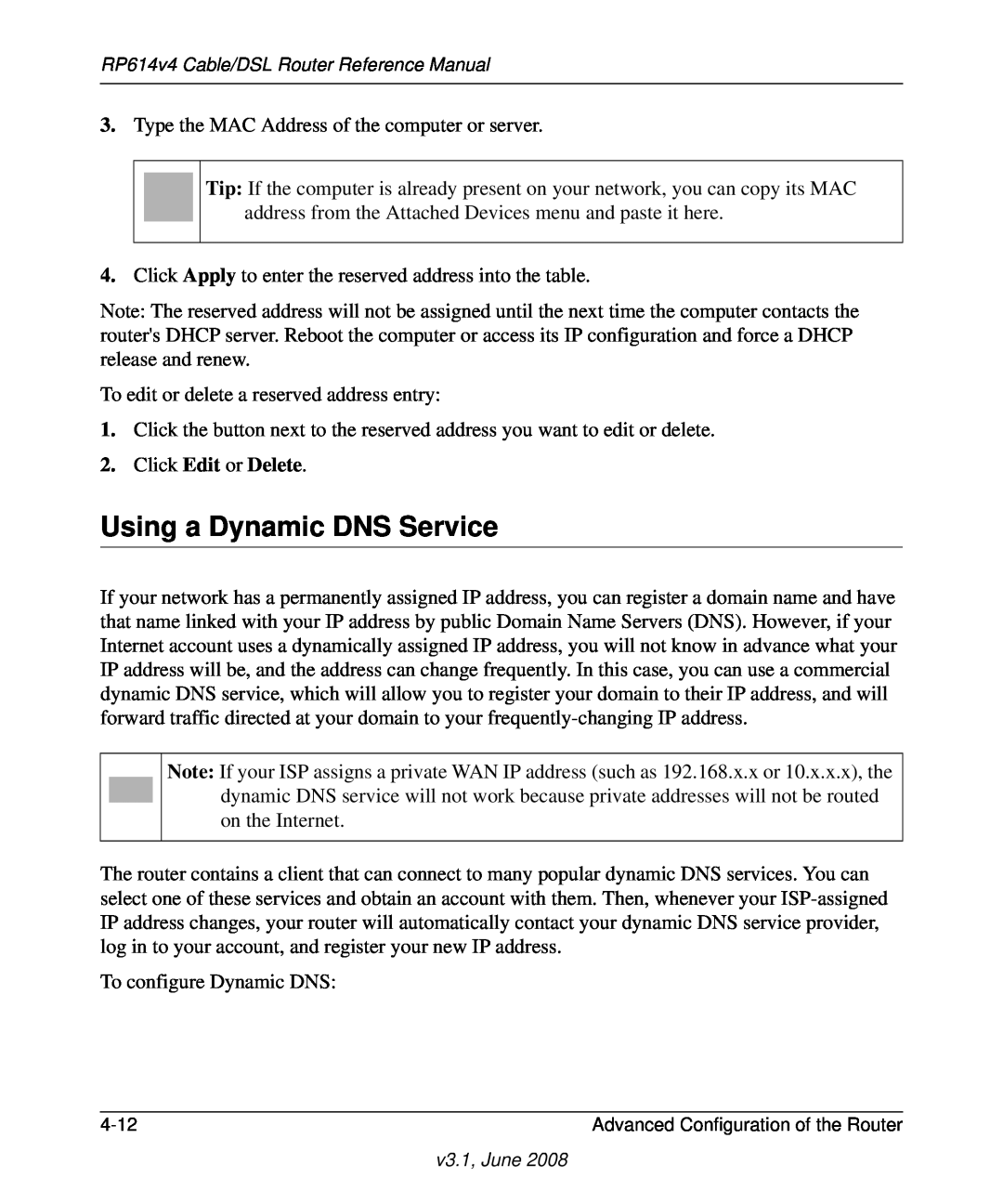 NETGEAR RP614 v4 manual Using a Dynamic DNS Service, Click Edit or Delete 