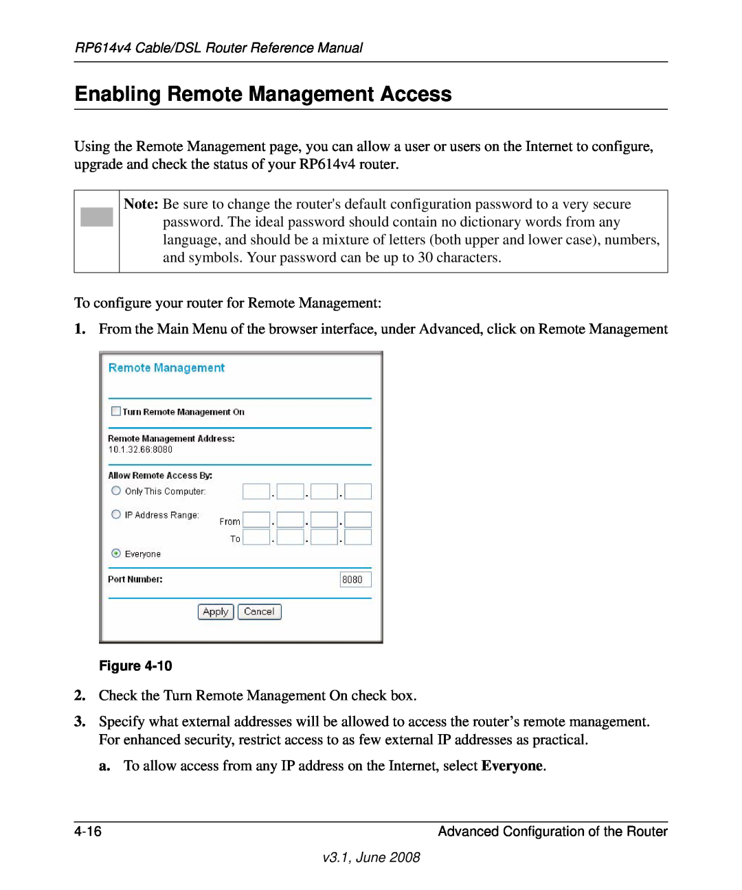 NETGEAR RP614 v4 manual Enabling Remote Management Access 