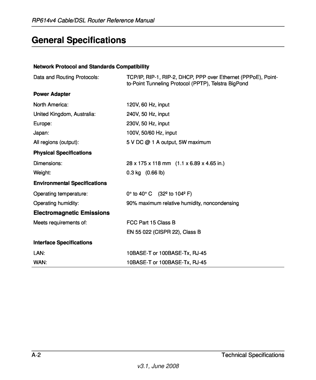 NETGEAR RP614 v4 General Specifications, RP614v4 Cable/DSL Router Reference Manual, Electromagnetic Emissions, v3.1, June 