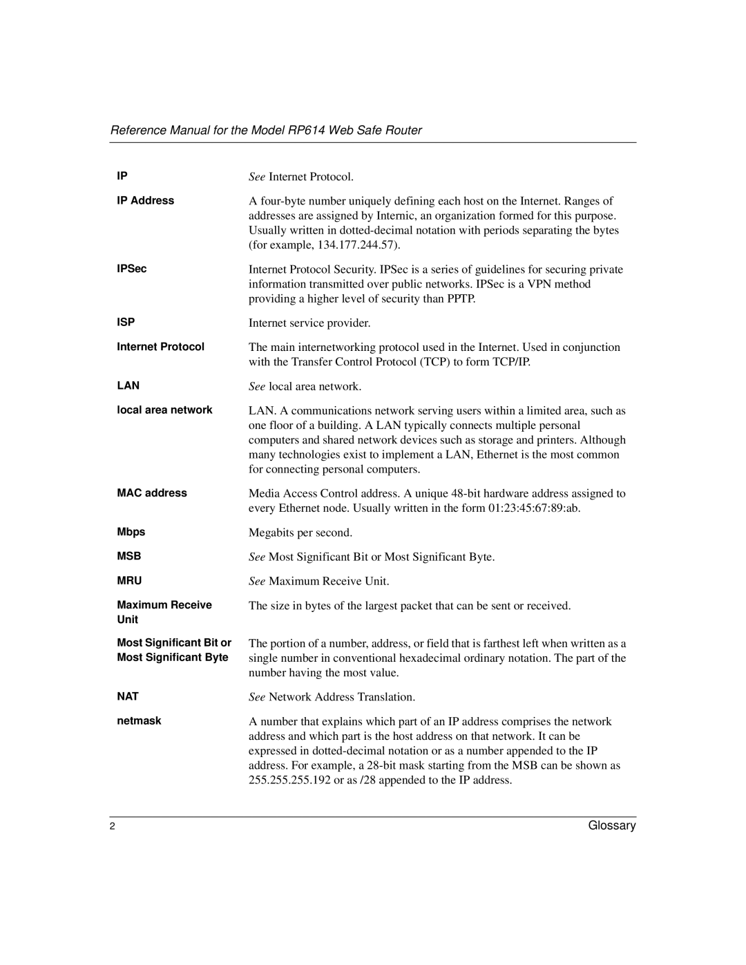 NETGEAR RP614 manual Megabits per second 