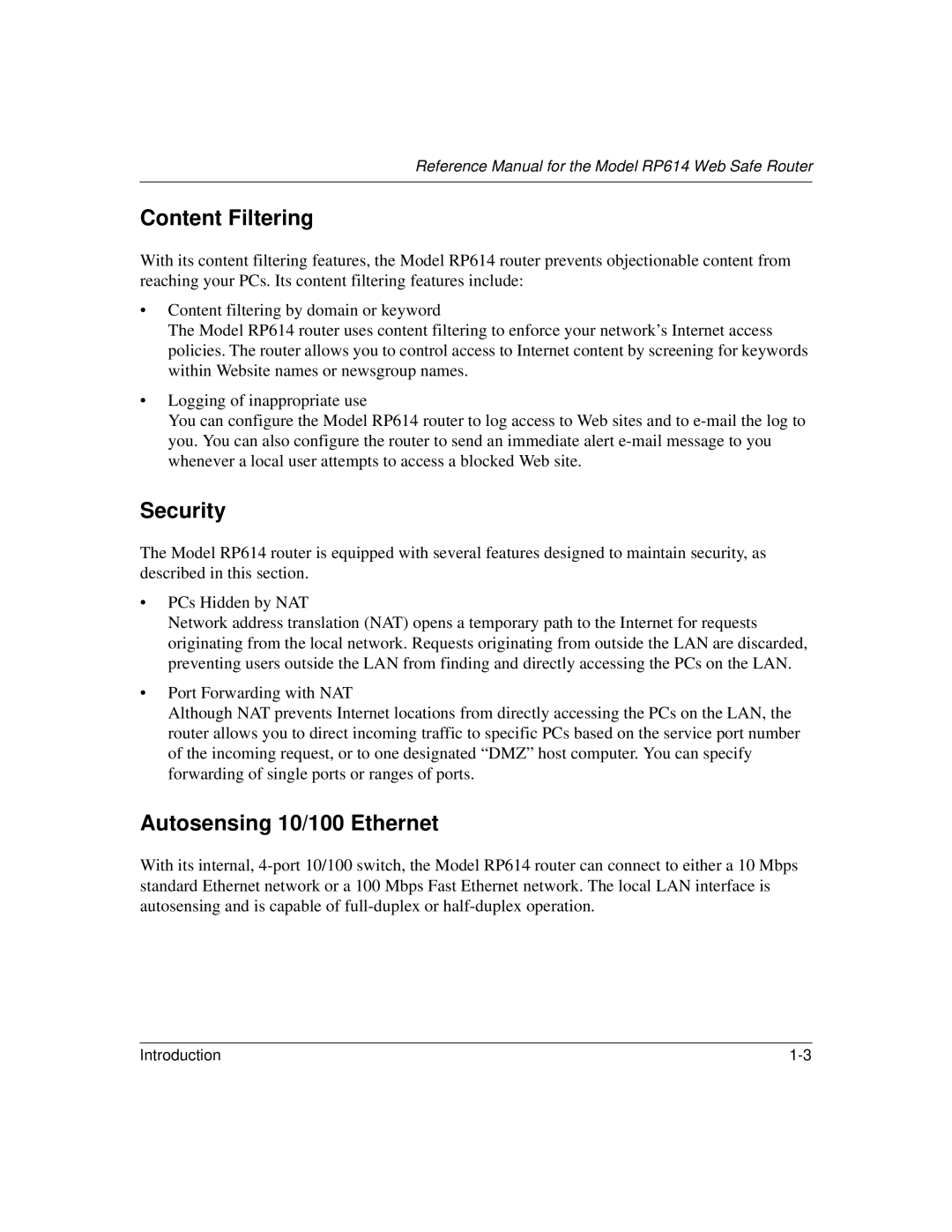 NETGEAR RP614 manual Content Filtering, Security, Autosensing 10/100 Ethernet 