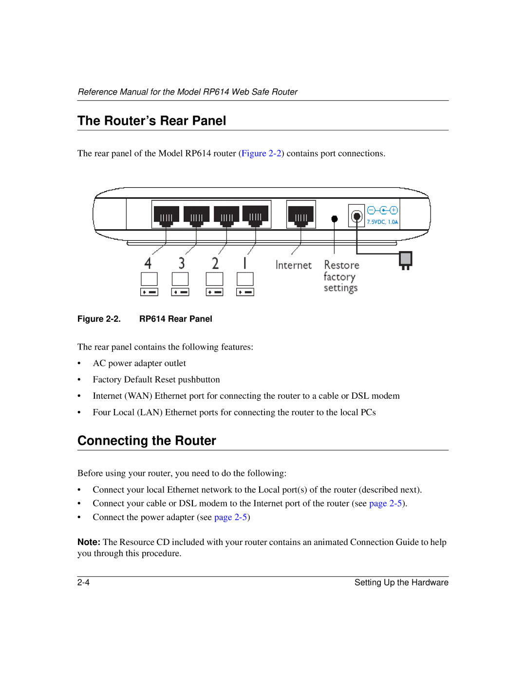 NETGEAR RP614 manual Router’s Rear Panel, Connecting the Router 