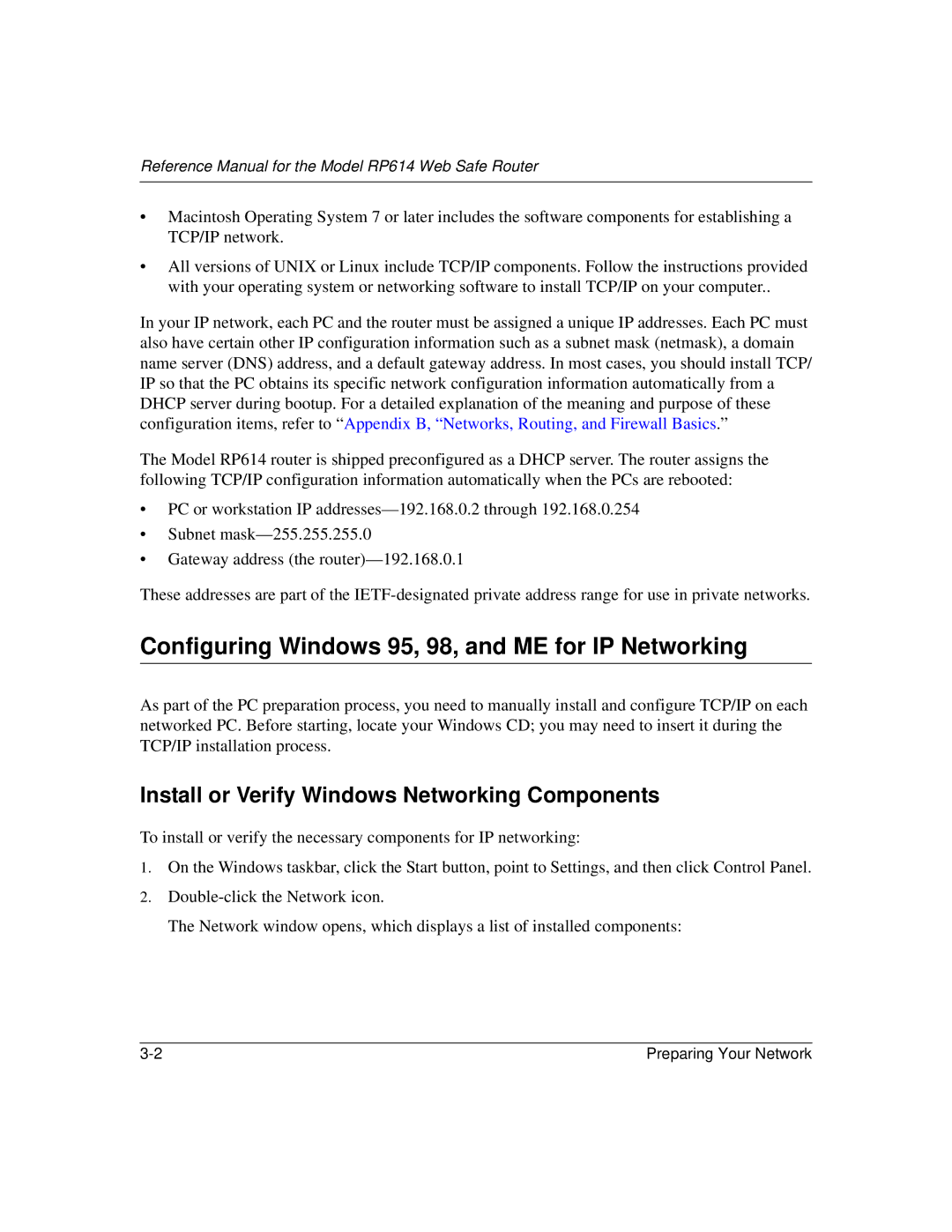 NETGEAR RP614 manual Configuring Windows 95, 98, and ME for IP Networking, Install or Verify Windows Networking Components 