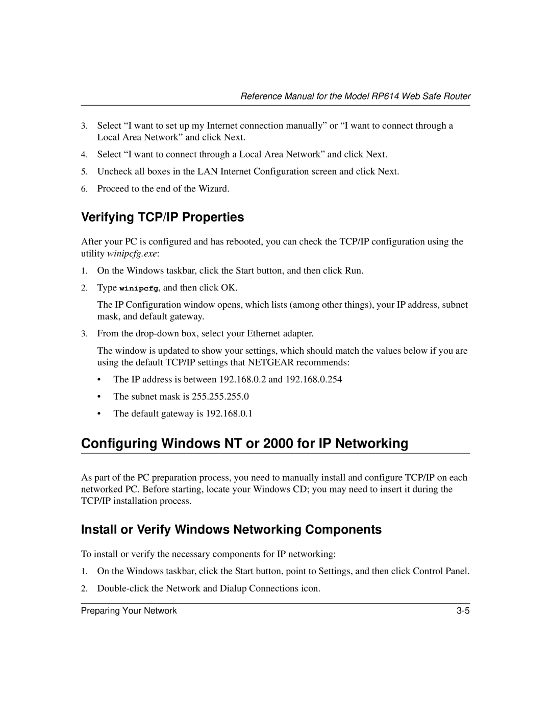 NETGEAR RP614 manual Configuring Windows NT or 2000 for IP Networking, Verifying TCP/IP Properties 