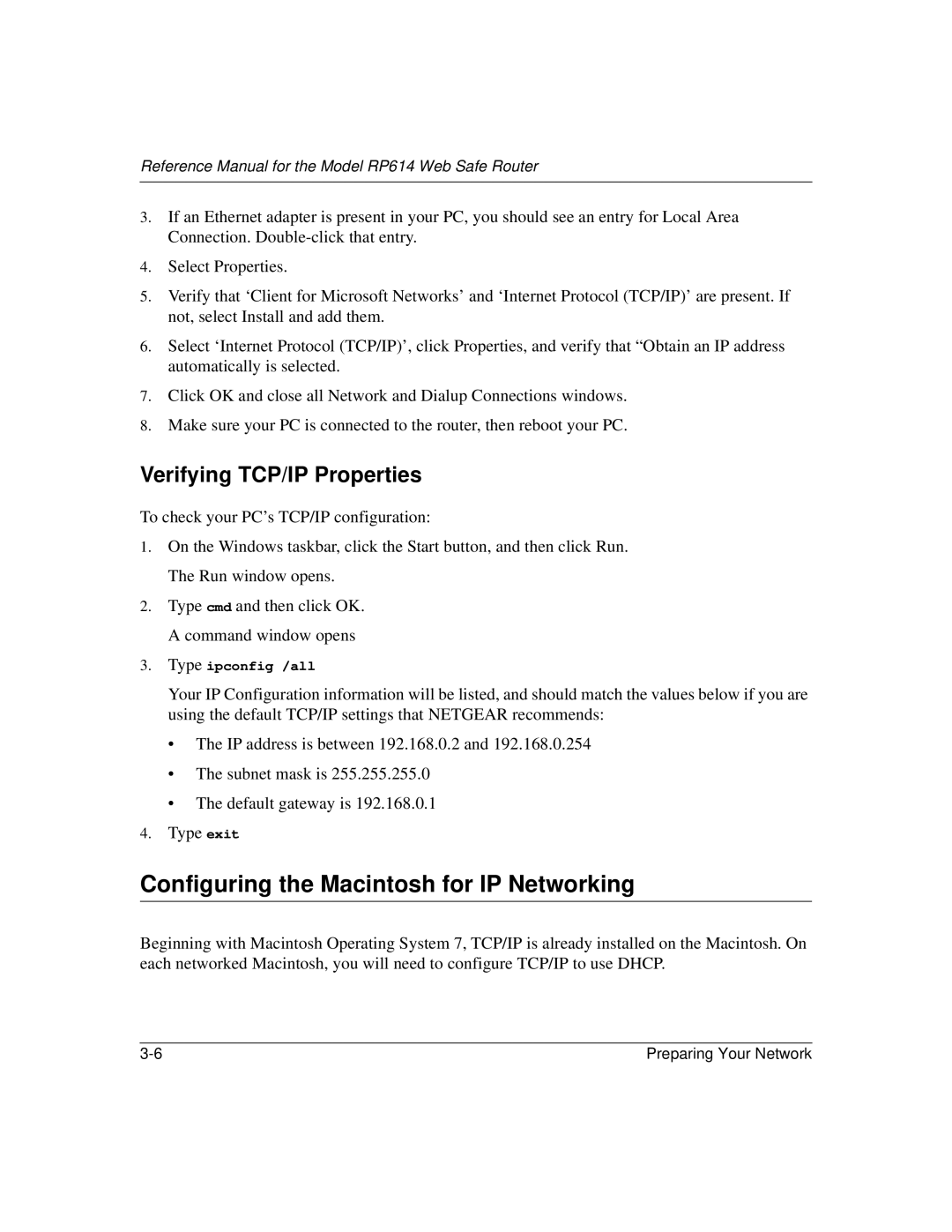 NETGEAR RP614 manual Configuring the Macintosh for IP Networking 