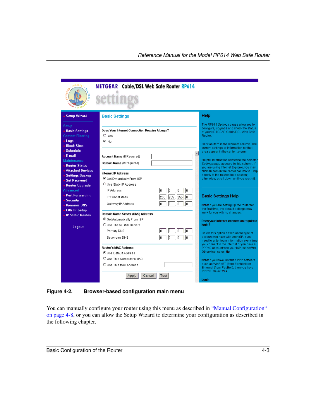 NETGEAR RP614 manual Browser-based configuration main menu 