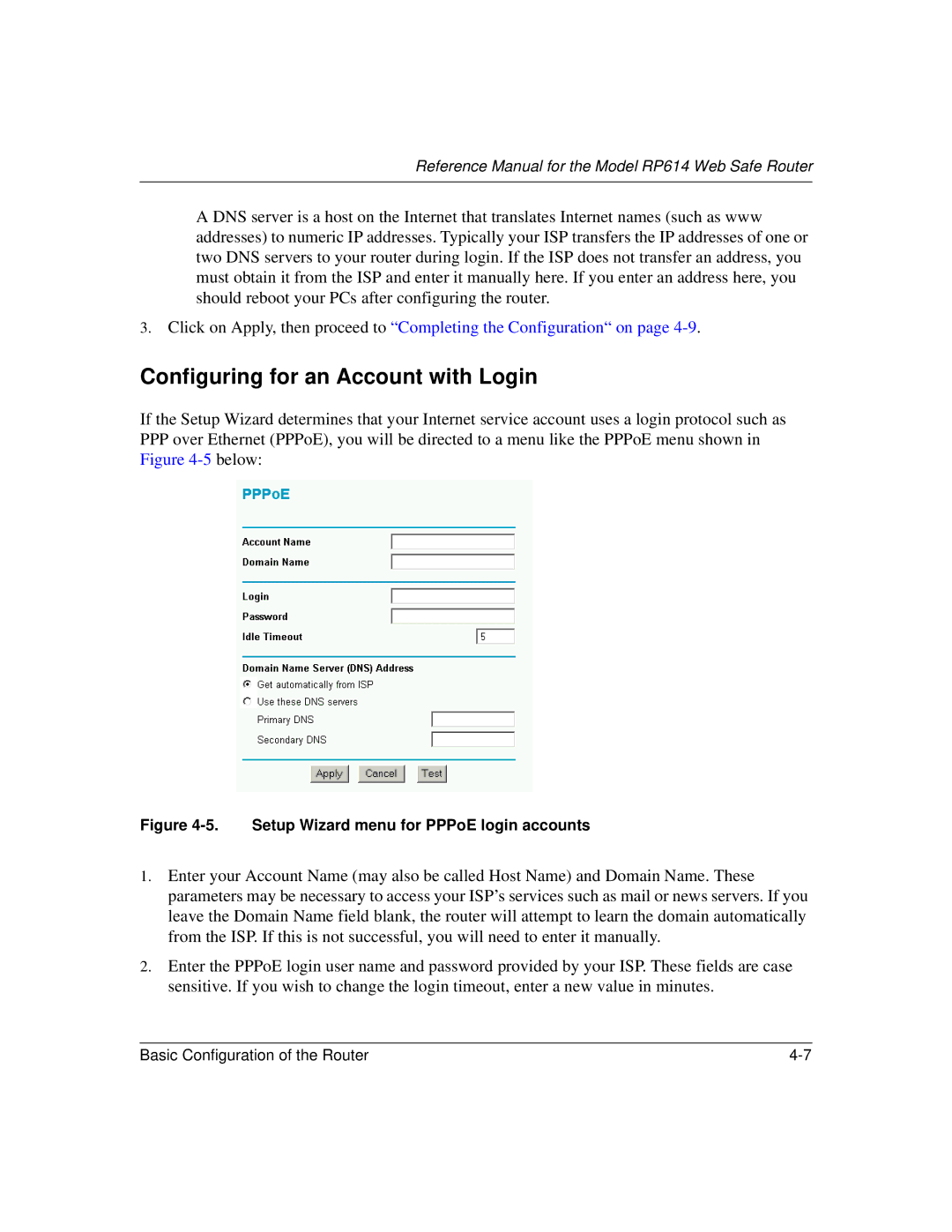 NETGEAR RP614 manual Configuring for an Account with Login, Setup Wizard menu for PPPoE login accounts 