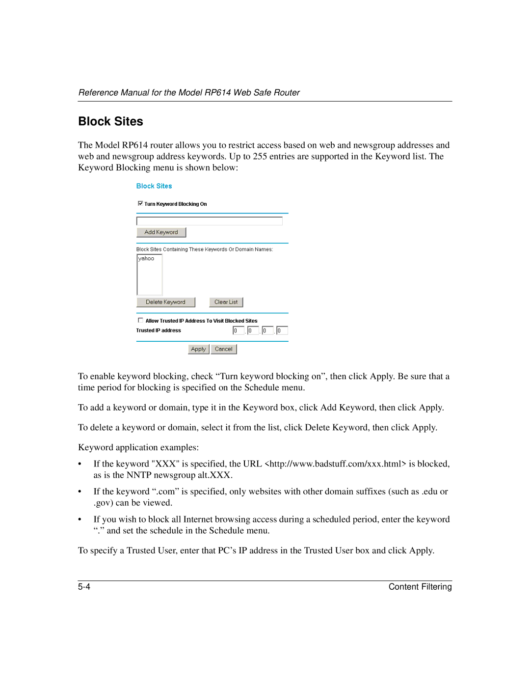 NETGEAR RP614 manual Block Sites 