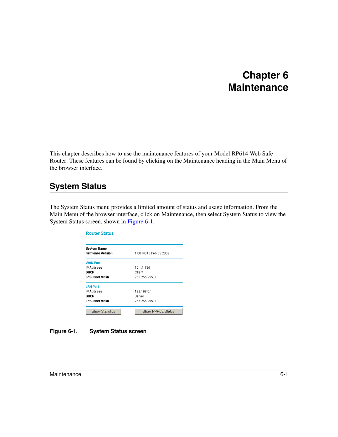 NETGEAR RP614 manual Chapter Maintenance, System Status 