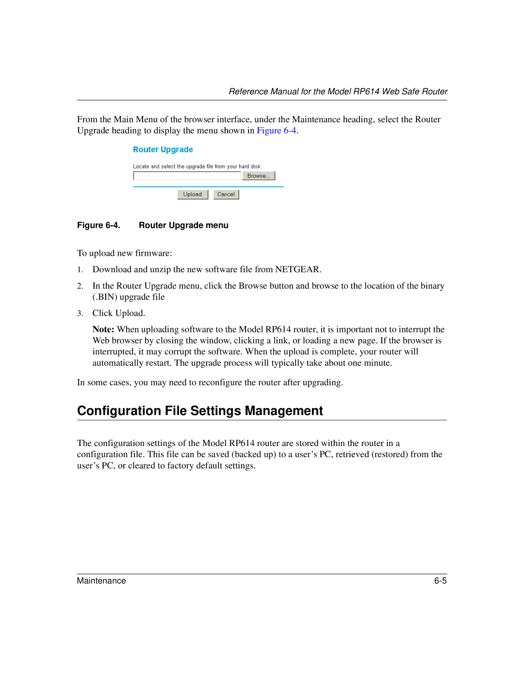 NETGEAR RP614 manual Configuration File Settings Management, Router Upgrade menu 