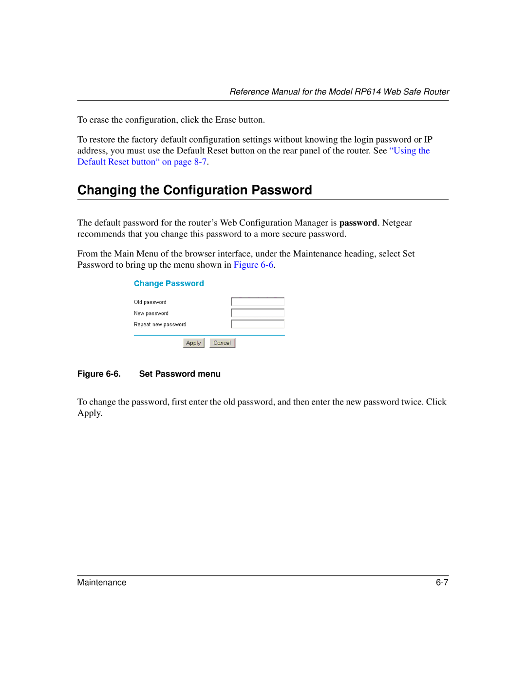 NETGEAR RP614 manual Changing the Configuration Password, Set Password menu 