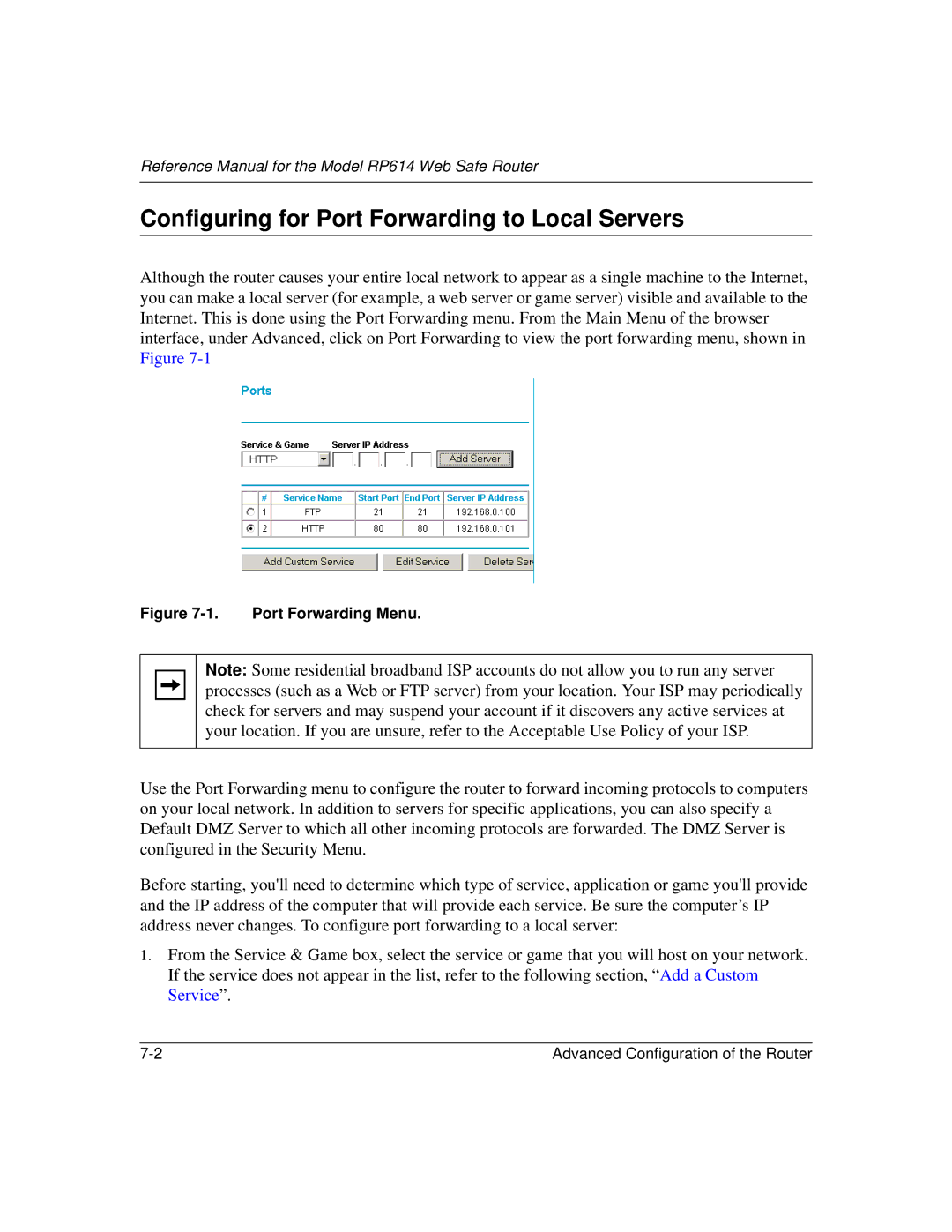 NETGEAR RP614 manual Configuring for Port Forwarding to Local Servers, Port Forwarding Menu 