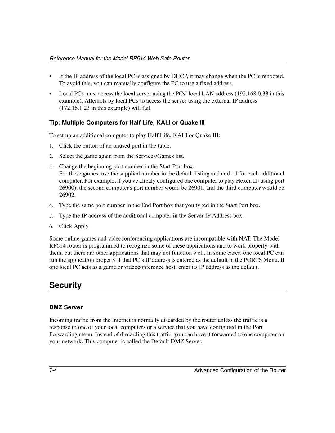 NETGEAR RP614 manual Security, Tip Multiple Computers for Half Life, Kali or Quake 