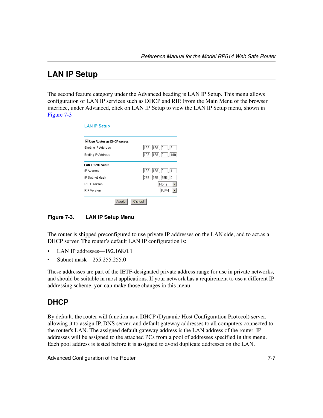 NETGEAR RP614 manual LAN IP Setup, Dhcp 