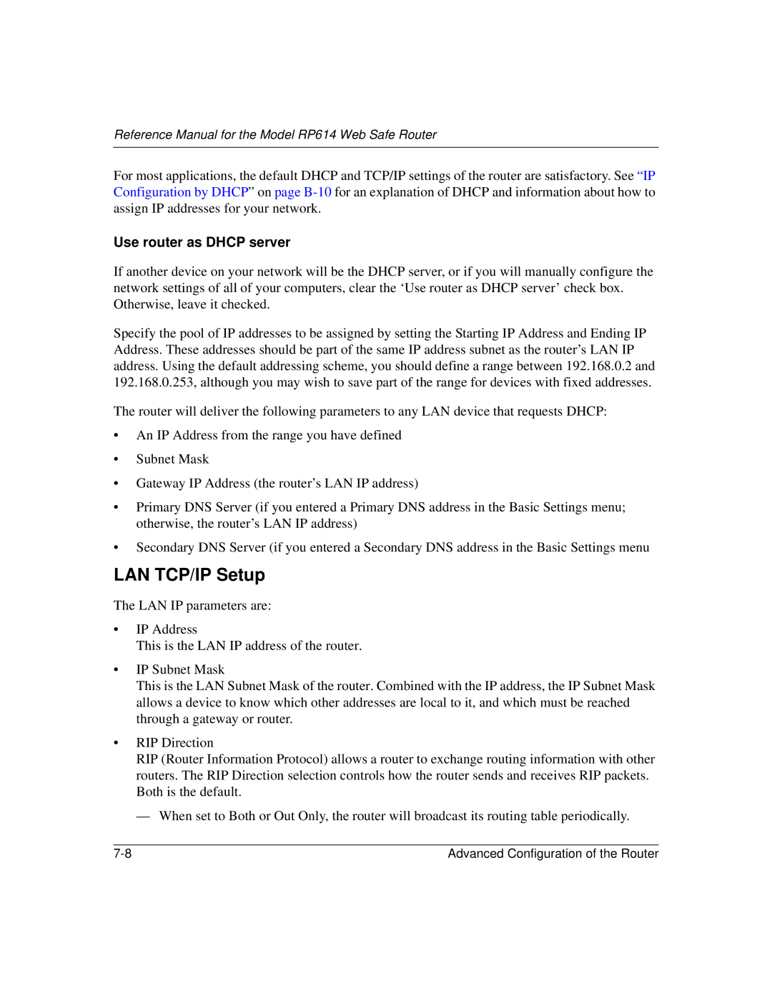 NETGEAR RP614 manual LAN TCP/IP Setup, Use router as Dhcp server 