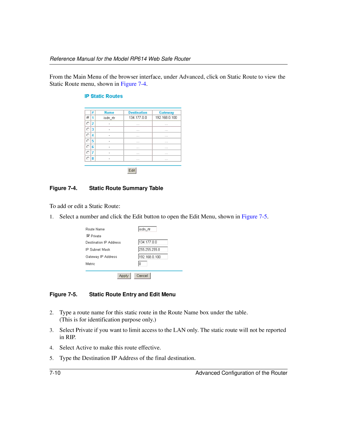 NETGEAR RP614 manual Static Route Summary Table 