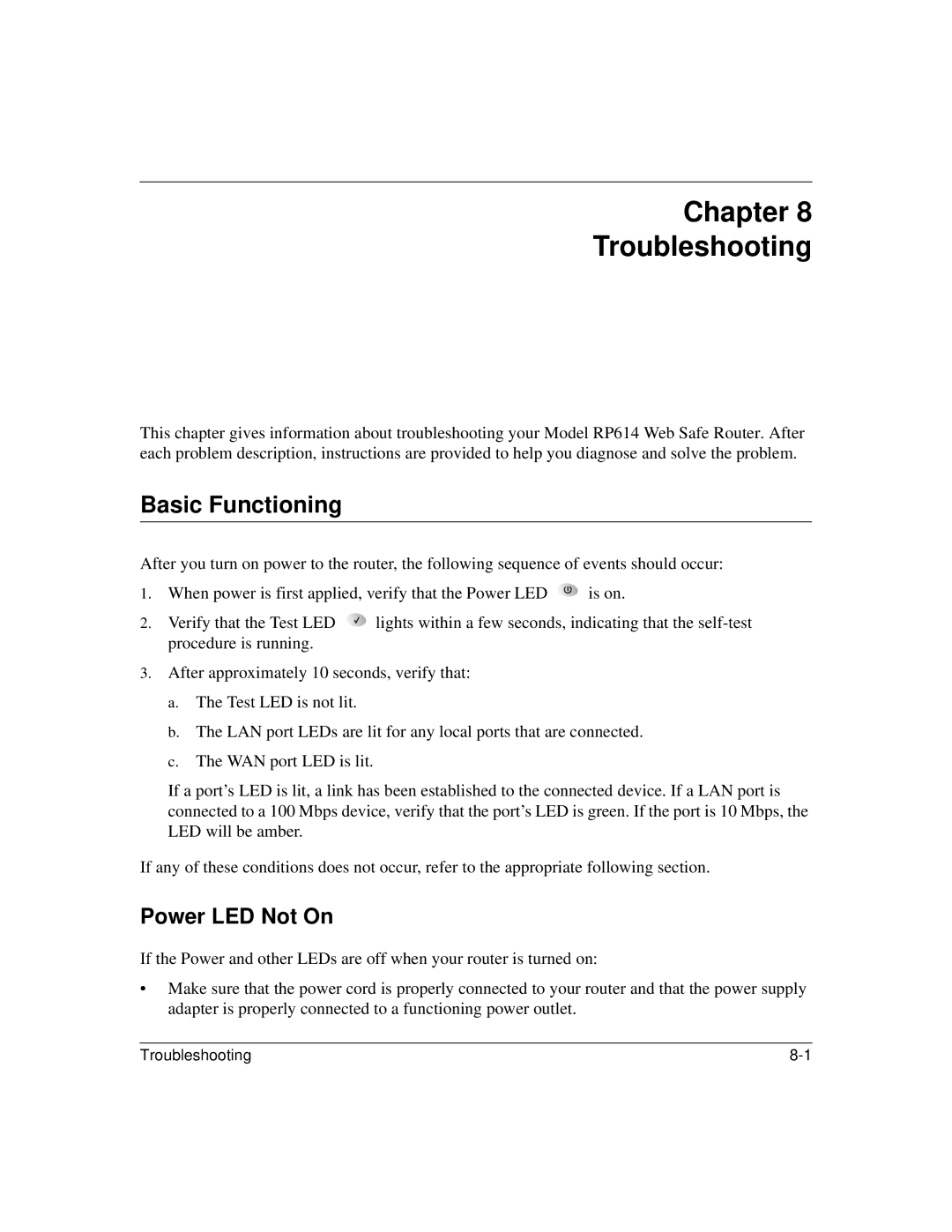 NETGEAR RP614 manual Chapter Troubleshooting, Basic Functioning, Power LED Not On 