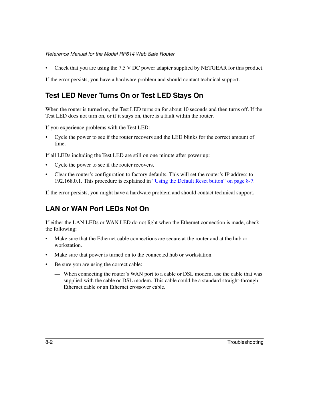 NETGEAR RP614 manual Test LED Never Turns On or Test LED Stays On, LAN or WAN Port LEDs Not On 