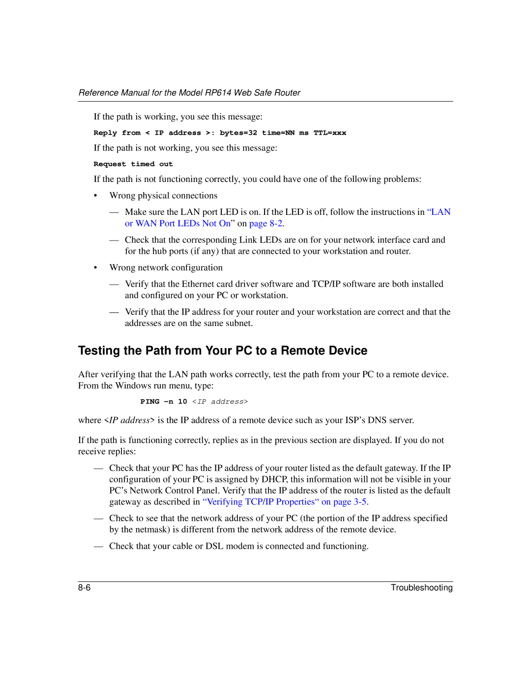 NETGEAR RP614 manual Testing the Path from Your PC to a Remote Device 