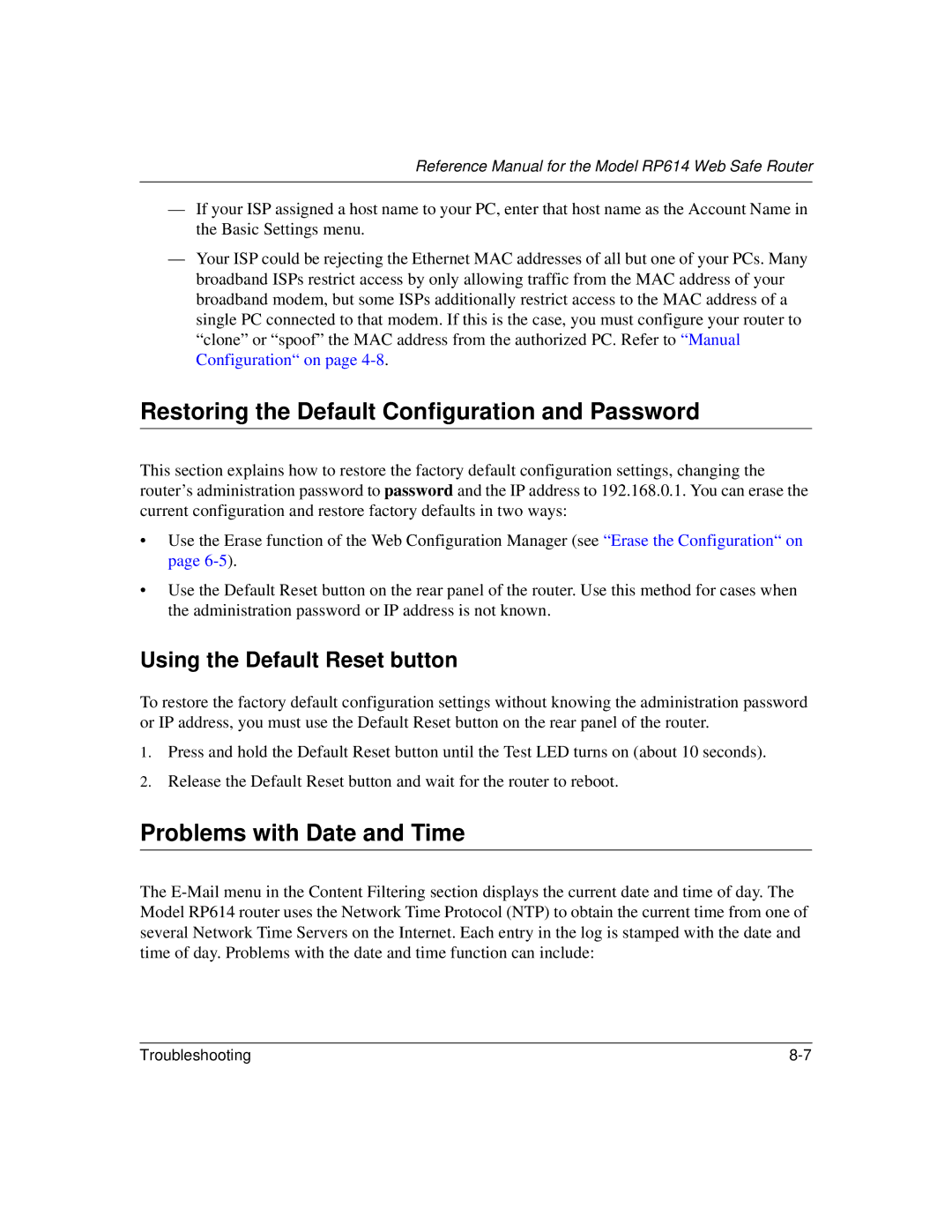 NETGEAR RP614 manual Restoring the Default Configuration and Password, Problems with Date and Time 