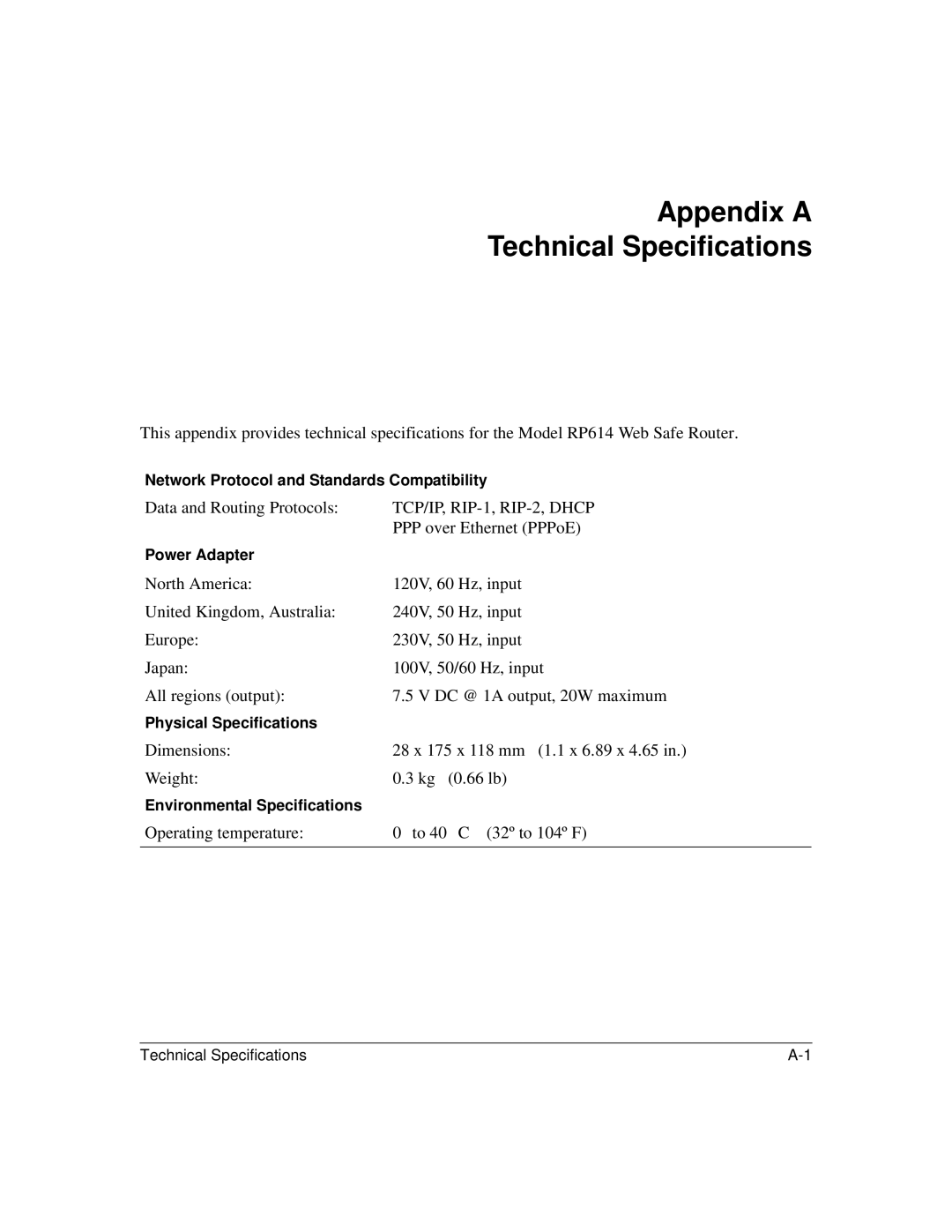 NETGEAR RP614 manual Appendix a Technical Specifications, TCP/IP, RIP-1, RIP-2, Dhcp 