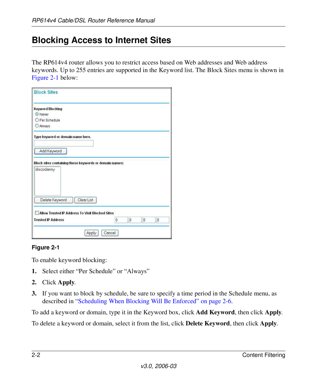 NETGEAR RP614v4 Cable/DSL Router manual Blocking Access to Internet Sites 