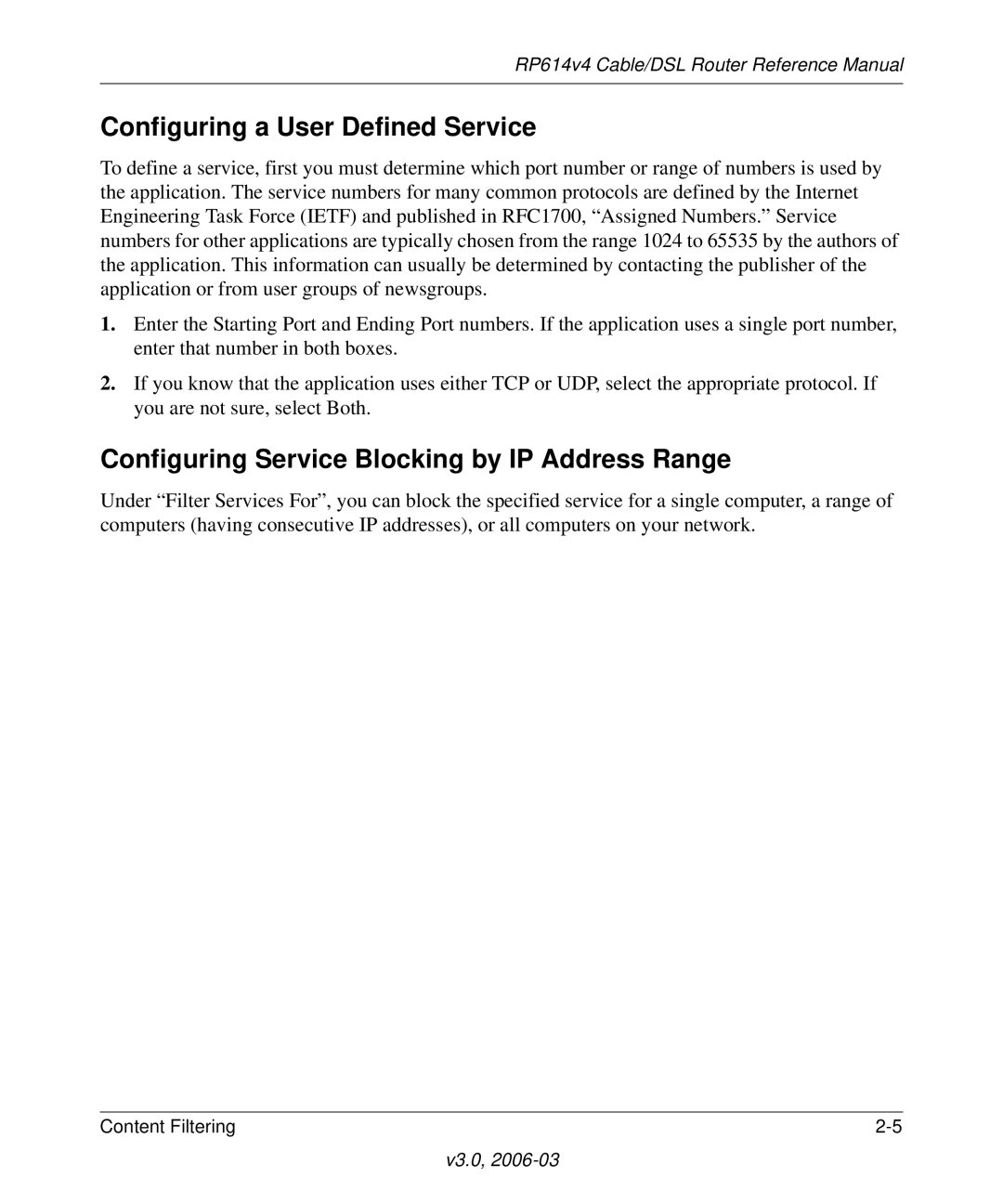 NETGEAR RP614v4 manual Configuring a User Defined Service, Configuring Service Blocking by IP Address Range 