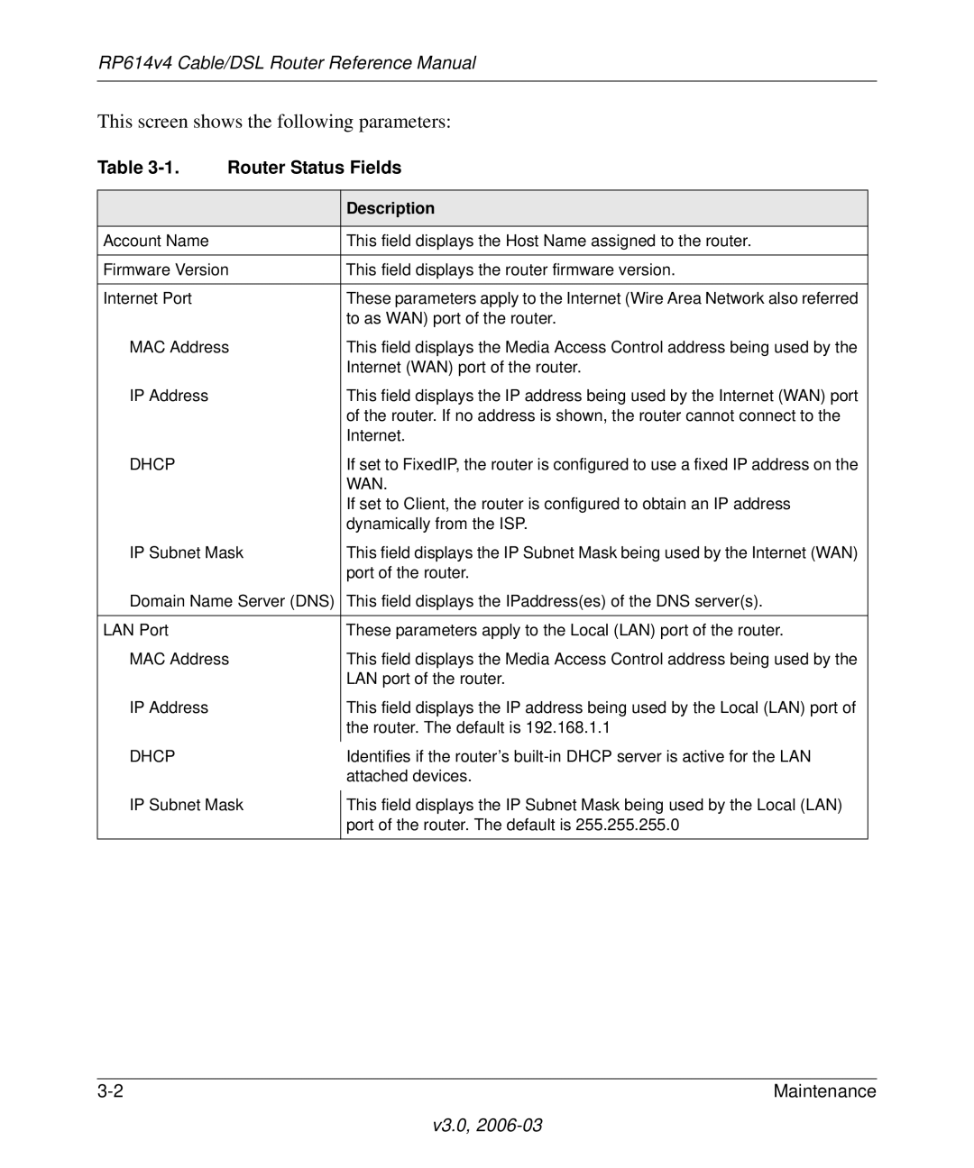 NETGEAR RP614v4 Cable/DSL Router manual This screen shows the following parameters 